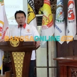 Ketua Umum KONI Kota Mojokerto, Santoso Bekti Wibowo, saat berbicara dalam Musyawarah Olahraga Kota (Musorkot). Foto: YUDI EKO PURNOMO/BANGSAONLINE