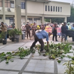 Warga menaruh tumpukan eceng gondok di Halaman Kantor Dinas SDACKTR Kabupaten Pasuruan.