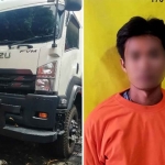 Kolase foto tersangka dan ban truk yang digelapkan.