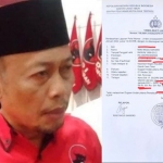 Bupati Ponorogo Sugiri Sancoko memakai seragam PDI Perjuangan. Foto kanan, tanda bukti laporan dugaan ijazah palsu dengan terlapor Sugiri Sancoko. Foto: Surya