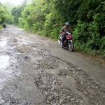 Kondisi jalan raya tapal batas Tuban - Bojonegoro di Desa Banyuurip yang rusak parah.
