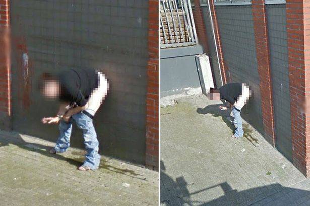 KEBETULAN: Posisi wuenak untuk pipis. Kok kebetulan kamera 360 derajat milik google lewat. maka, terpampanglan dia di google street view. foto: repro mirror.co.uk