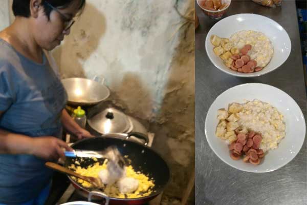 Proses pembuatan bubur goreng, dan tampilan bubur. foto: roofiqi