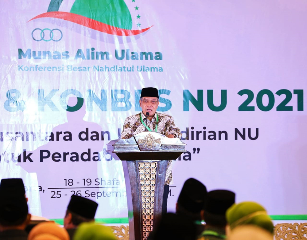  Ketua Umum PBNU, Said Aqil Siradj, saat memberikan sambutan Musyawarah Nasional Alim Ulama dan Konferensi Besar  Nahdlatul Ulama (Munas-Konbes NU) 2021