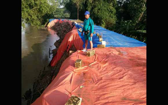 Kondisi tanggul sungai Bengawan Solo di Kanor ditutup terpal agar tak semakin terkikis. foto: BANGSAONLINE
