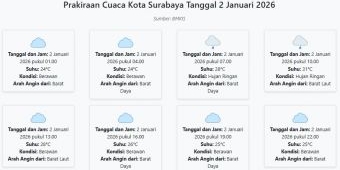Prakiraan Cuaca Kota Surabaya Hari ini Jumat, 2 Januari 2026: Suhu 24-31°C, Kecepatan Angin 8.6 m/s.
