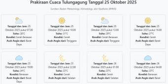 Prakiraan Cuaca Tulungagung Hari ini Sabtu, 25 Oktober 2025: Suhu 23-31°C, Kecepatan Angin 12.5 m/s