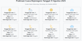 Prakiraan Cuaca Bojonegoro Hari ini Minggu, 31 Agustus 2025: Suhu 22-32°C, Kecepatan Angin 18.5 m/s