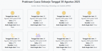 Cuaca Sidoarjo Hari ini Sabtu, 30 Agustus 2025: Diperkirakan Cerah dengan Suhu 22-33°C