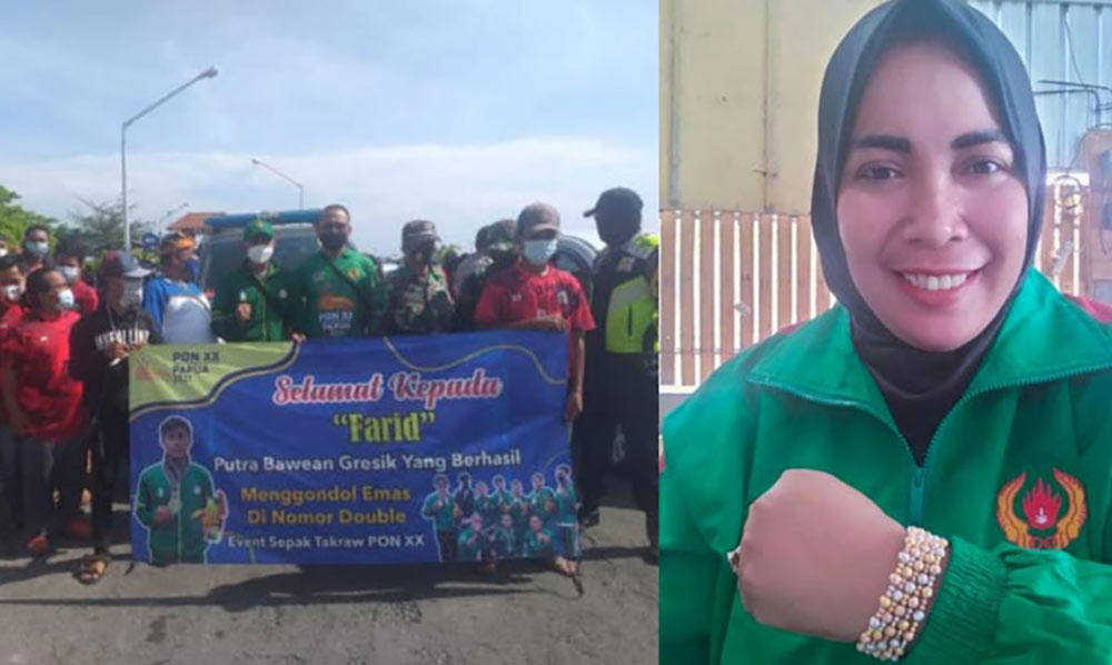 Pengurus KONI Gresik saat menyambut atlet sepak takraw asal Bawean Farid (25), peraih medali emas PON Papua XX. Foto kanan, Ketua KONI Gresik, Anis Ambiyo Putri. Foto: SYUHUD/ BANGSAONLINE