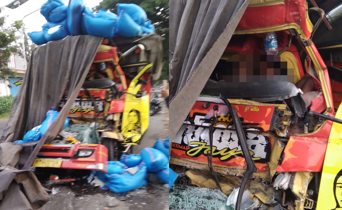 Kondisi truk usai menabrak truk yang sedang parkir. Sopir dan kenek kendaraan tersebut tewas di lokasi karena tergencet. foto: ist.