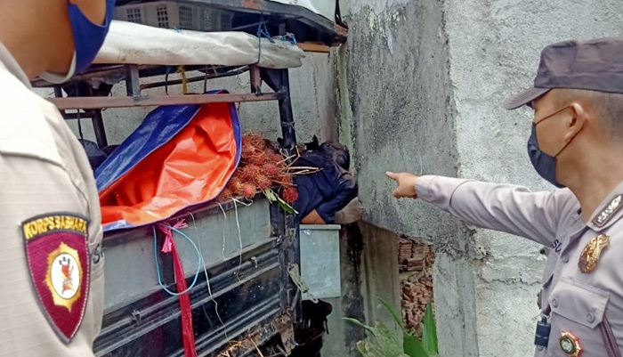 Petugas dari Polsek Kandangan saat menunjukkan posisi kendaraan roda tiga yang mengalami laka tunggal. foto: ist.