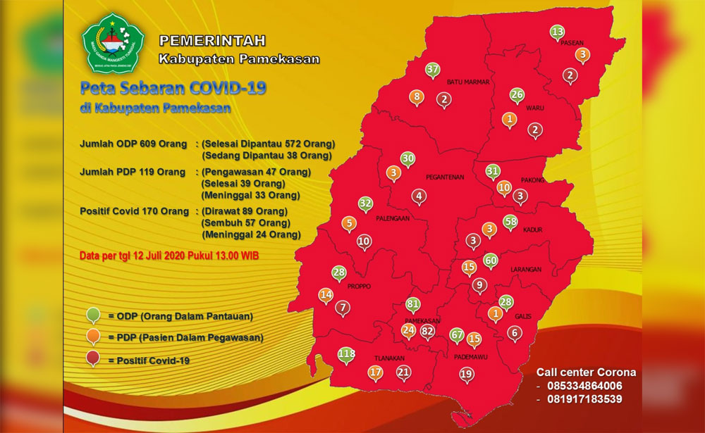 Peta sebaran Covid-19 di Kabupaten Pamekasan per tanggal 12 juli 2020. 