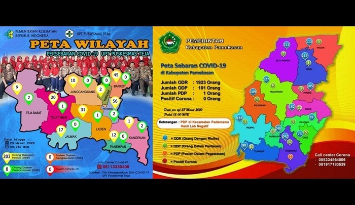 Data Persebaran Covid-19 Puskesmas Teja (kiri) dan Kabupaten Pamekasan (kanan) pada Minggu, 29 Maret 2020.