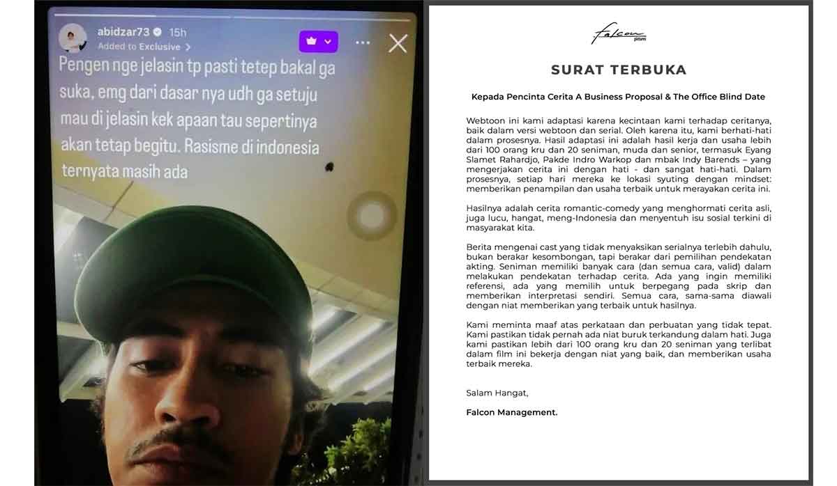 Kolase foto surat terbuka dari Falcon Pictures, serta pernyataan Abidzar Al-Ghifari.