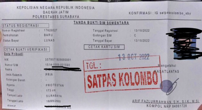 Material SIM Habis, Satpas Colombo Surabaya Ganti dengan Surat Keterangan