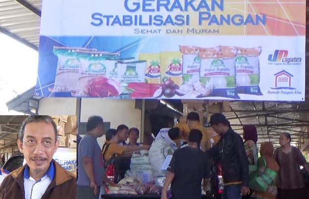 Gerakan stabilisasi pangan yang diadakan Bulog Sub Divre Ponorogo di Pasar Songgolangit. Inset, Kepala Bulog Sub Divre Ponorogo Muhammad Rudi Prasetya.