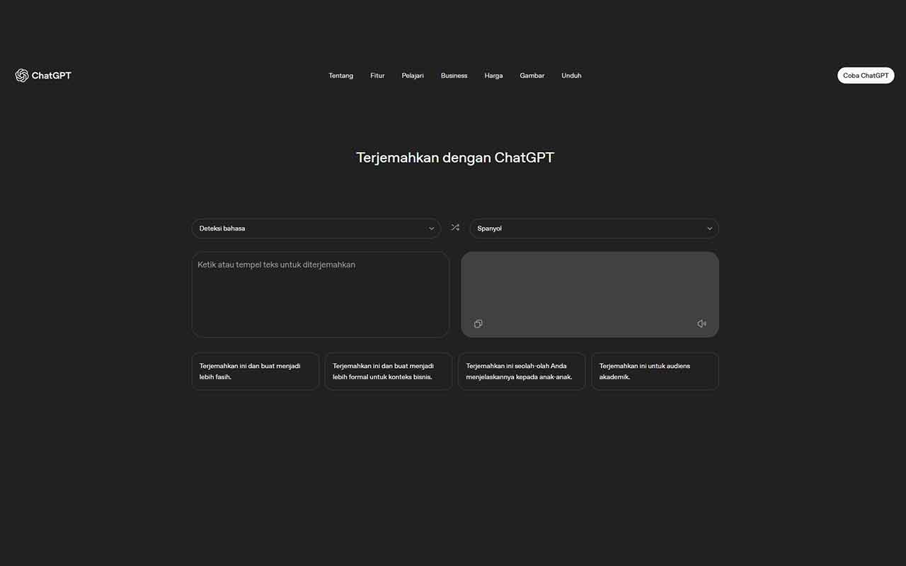 Tangkapan layar halaman ChatGPT Translate.