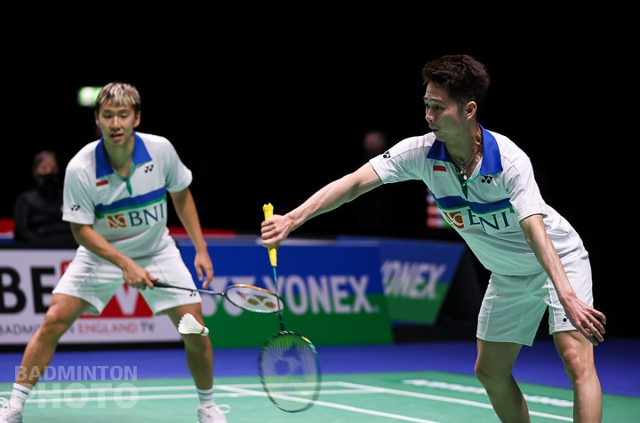 Marcus Fernaldi Gideon/Kevin Sanjaya Sukamuljo ketika berlaga di All England 2021 (Badminton Photo)