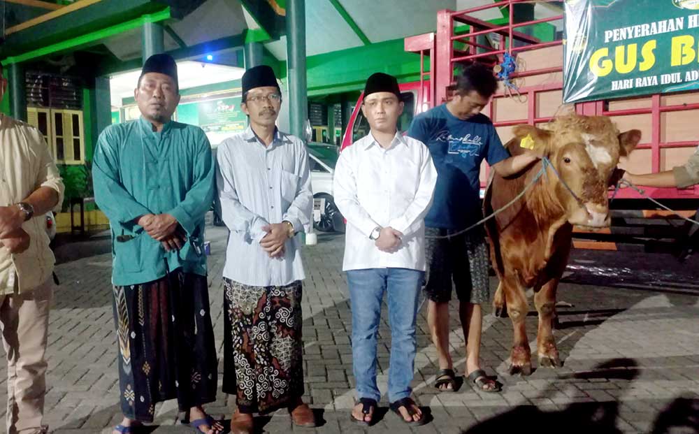 Ketua PCNU Mojokerto KH. Abdul Adzim Alwi dan Ketua Muslimat NU Hj Aslikhatul Mahmudah saat menerima hewan kurban berupa sapi jumbo dari Gus Barra.