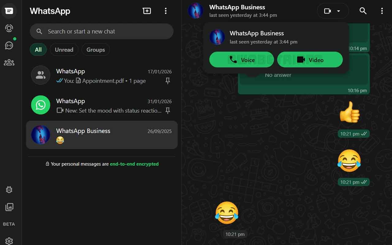 Telepon dan video call melalui Whatsapp Web. Foto: wabetainfo