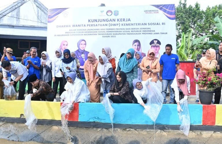 Novita Hardini, Fatma Saifullah Yusuf, dan Intan Nurul Fadilah saat tebar benih ikan di salah satu sungai yang terletak di Kelurahan Surodokan, Trenggalek. (Ist)