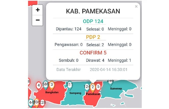 Peta persebaran Covid-19 di Kabupaten Pamekasan.