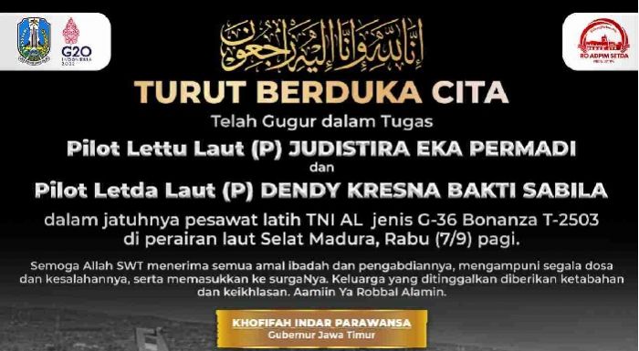 Belasungkawa Gugurnya 2 Pilot Bonanza, Khofifah: Mereka Kini Terbang Tinggi Menghadap Pencipta