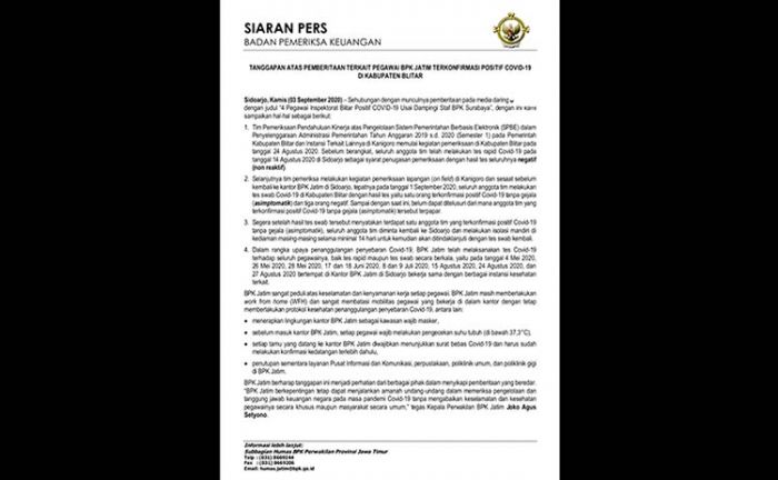 Ini Kata BPK Jatim Soal 4 Pegawai Inspektorat Blitar Positif Corona Usai Kegiatan Pemeriksaan Ini Kata BPK Jatim Soal 4 Pegawai Inspektorat Blitar Positif Corona Usai Kegiatan Pemeriksaan