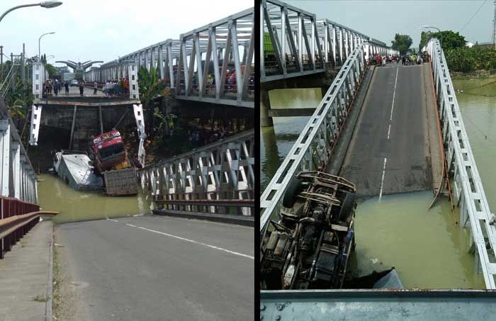 Jembatan Babat Penghubung Lamongan-Tuban Ambruk, 3 Truk Terjun ke Sungai Jembatan Babat Penghubung Lamongan-Tuban Ambruk, 3 Truk Terjun ke Sungai