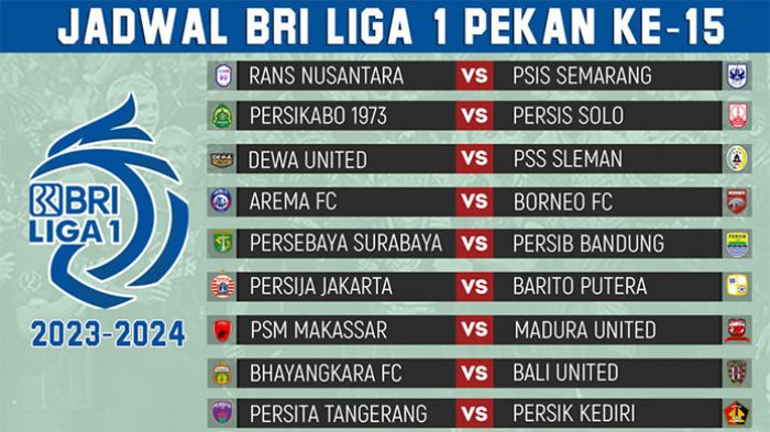 Jadwal BRI Liga 1 2023-2024 Pekan ke-15: Big Match Persebaya vs Persib, Arema Jamu Borneo FC Jadwal BRI Liga 1 2023-2024 Pekan ke-15: Big Match Persebaya vs Persib, Arema Jamu Borneo FC