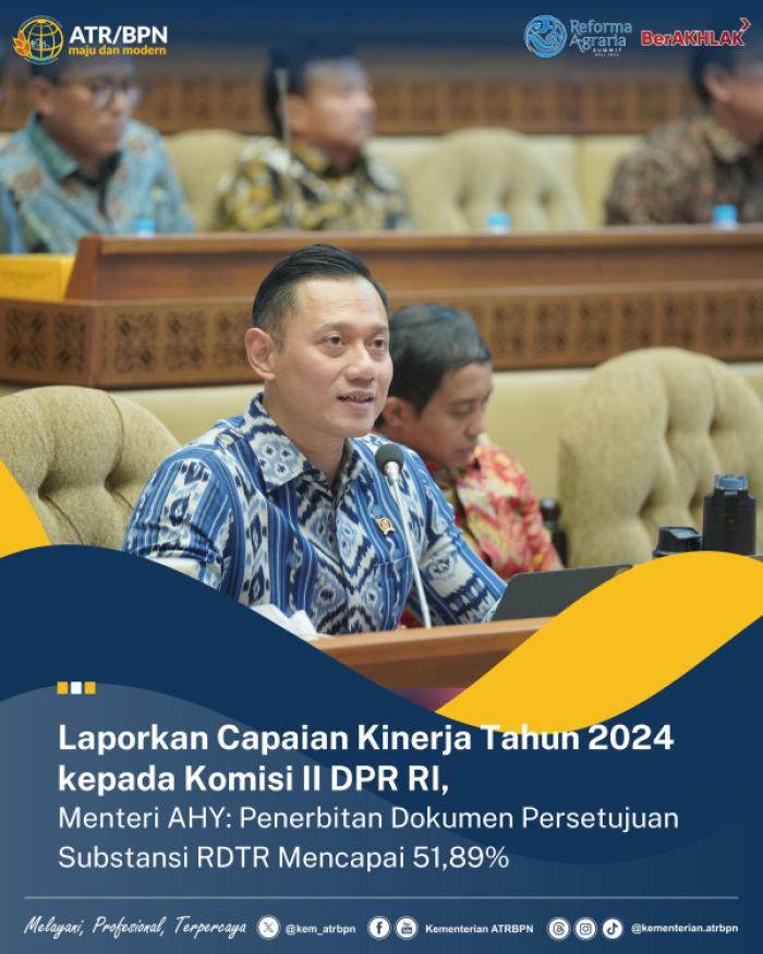 Laporkan Capaian Kinerja Tahun 2024, Menteri AHY: Penerbitan Dokumen RDTR Capai 51,89 Persen Laporkan Capaian Kinerja Tahun 2024, Menteri AHY: Penerbitan Dokumen RDTR Capai 51,89 Persen