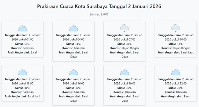 Prakiraan Cuaca Kota Surabaya Hari ini Jumat, 2 Januari 2026: Suhu 24-31°C, Kecepatan Angin 8.6 m/s.