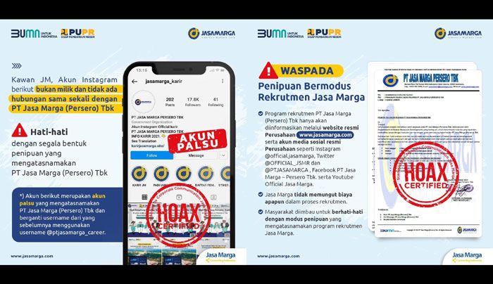 Waspadai Akun-Akun Hoaks Berkedok Rekrutmen Atasnamakan Jasa Marga Waspadai Akun-Akun Hoaks Berkedok Rekrutmen Atasnamakan Jasa Marga