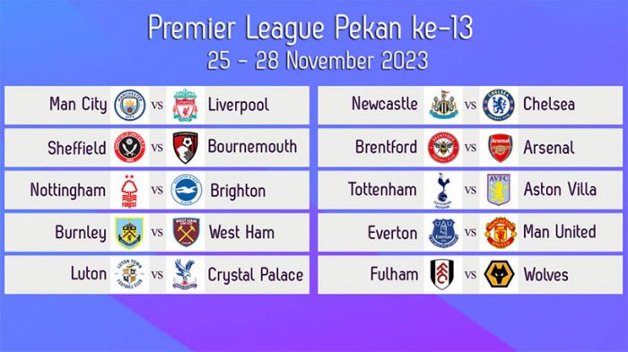 Jadwal Liga Inggris 2023/2024 Pekan ke-13: Man City vs Liverpool, Everton Jamu Manchester United Jadwal Liga Inggris 2023/2024 Pekan ke-13: Man City vs Liverpool, Everton Jamu Manchester United
