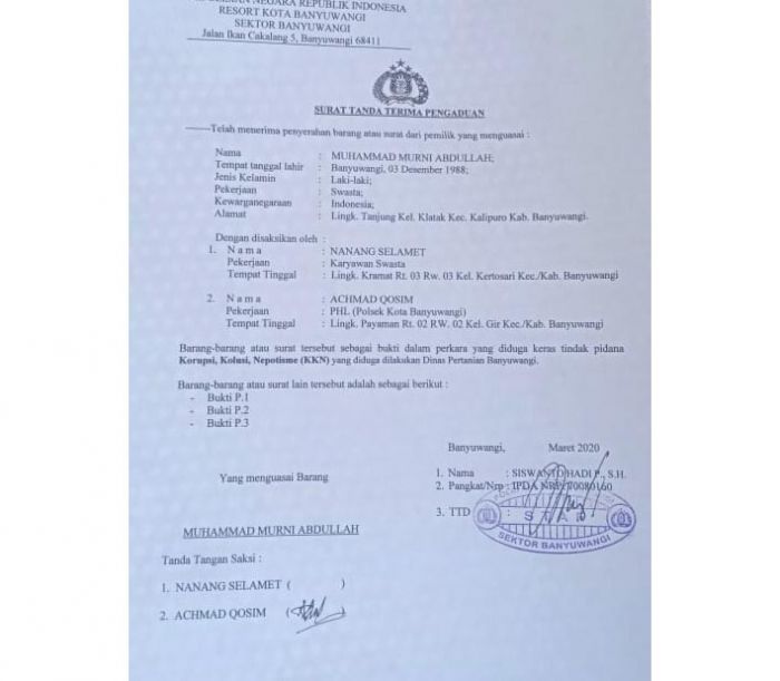 Terkait Laporan Dugaan Korupsi, Dinas Pertanian Banyuwangi Bungkam Terkait Laporan Dugaan Korupsi, Dinas Pertanian Banyuwangi Bungkam