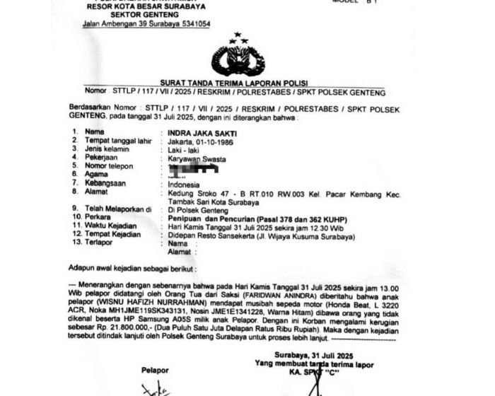 Polsek Genteng Kantongi Ciri Pelaku Pembegal Motor Siswa SMK Rajasa Surabaya Polsek Genteng Kantongi Ciri Pelaku Pembegal Motor Siswa SMK Rajasa Surabaya