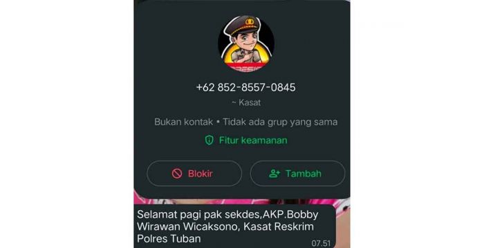 Waspada Penipuan Mengatasnamakan Kasatreskrim Polres Tuban Lewat WhatsApp