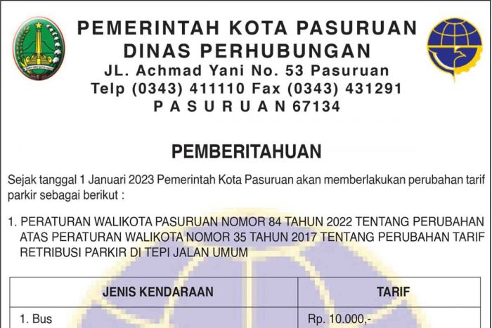 Dinas Perhubungan Kota Pasuruan Umumkan Perubahan Tarif Parkir Mulai 1 Januari 2023