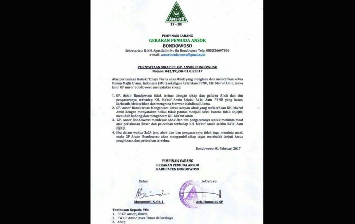 GP Ansor Bondowoso Keluarkan 4 Pernyataan Sikap Soal Tuduhan Ahok kepada KH Ma