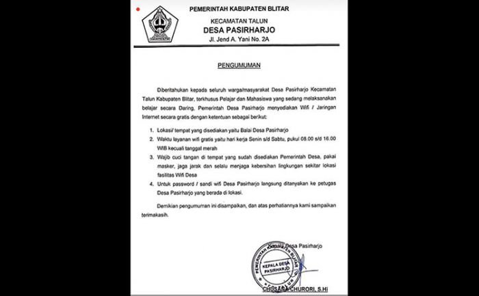 Permudah Belajar Daring, Desa Pasirharjo Blitar Sediakan Wifi Gratis Permudah Belajar Daring, Desa Pasirharjo Blitar Sediakan Wifi Gratis