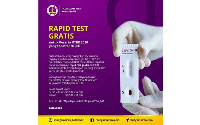 Ini Syarat Rapid Test Gratis Bagi Peserta UTBK SBMPTN Asal Kediri