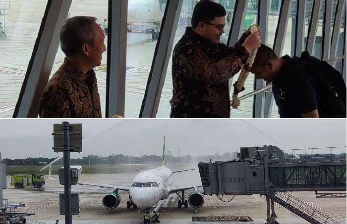 Mendarat di Bandara Dhoho Kediri, Citilink Disambut Water Salute Mendarat di Bandara Dhoho Kediri, Citilink Disambut Water Salute