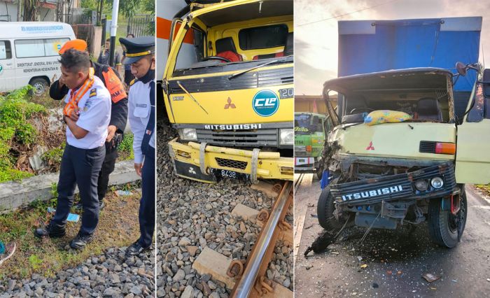 Diduga Ada Kelalaian Penjaga Palang Pintu, Kereta Api KRD Tabrak Dua Truk di Lamongan