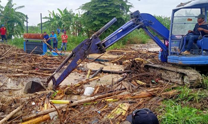 Rumpon Bambu Sumbat Anak Sungai Kali Lamong, Desa Deliksumber Benjeng Terendam