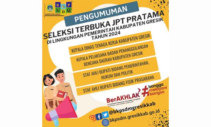 Dibuka 12 Januari 2024, Pendaftar Seleksi Terbuka 4 JPT Pratama Pemkab Gresik Masih Kosong Dibuka 12 Januari 2024, Pendaftar Seleksi Terbuka 4 JPT Pratama Pemkab Gresik Masih Kosong