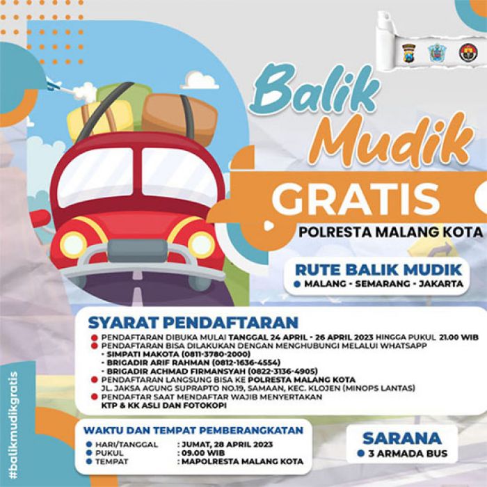 Polresta Malang Kota Buka Layanan Balik Mudik Gratis, Ini Syarat dan Cara Daftarnya Polresta Malang Kota Buka Layanan Balik Mudik Gratis, Ini Syarat dan Cara Daftarnya
