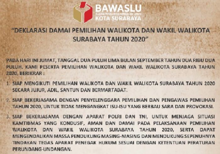 Malam Ini, Bawaslu Surabaya Gelar Ikrar Kesepakatan Deklarasi Damai Pilwali Surabaya Malam Ini, Bawaslu Surabaya Gelar Ikrar Kesepakatan Deklarasi Damai Pilwali Surabaya