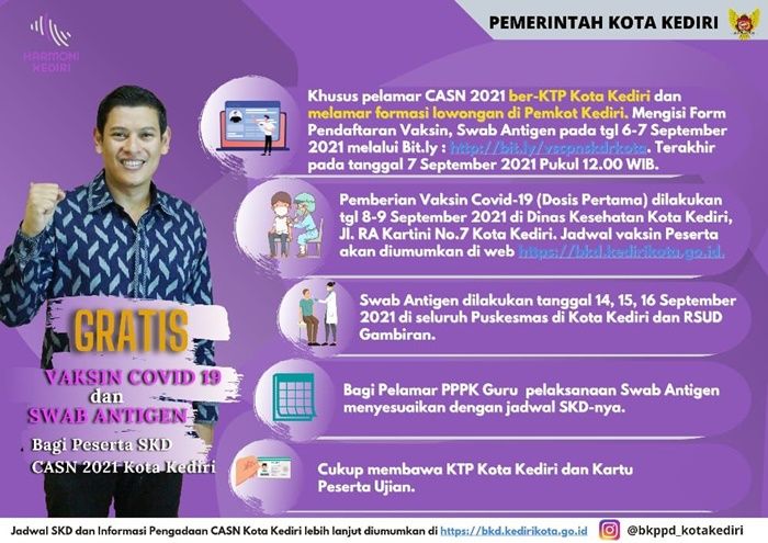 Wali Kota Kediri Gratiskan Vaksinasi Covid-19 dan Swab Antigen bagi Pelamar CASN 2021 Wali Kota Kediri Gratiskan Vaksinasi Covid-19 dan Swab Antigen bagi Pelamar CASN 2021