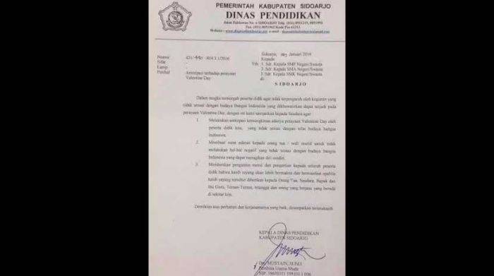 Dispendik Sidoarjo Edarkan Surat Larangan Peringatan Valentine Day Dispendik Sidoarjo Edarkan Surat Larangan Peringatan Valentine Day